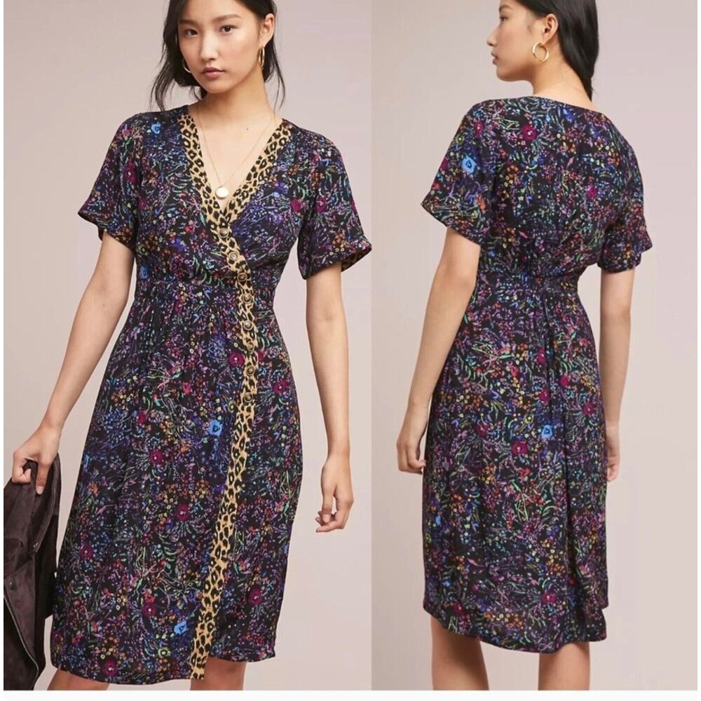 Anthropologie Maeve Floral Leopard Dress Faux Wrap Morgan Midi Sz 0 - Picture 3 of 12